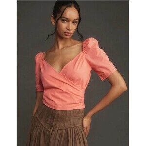 By Anthropologie Puff-Sleeve Wrap Blouse Cropped Top Pink Classic L NWT 280080